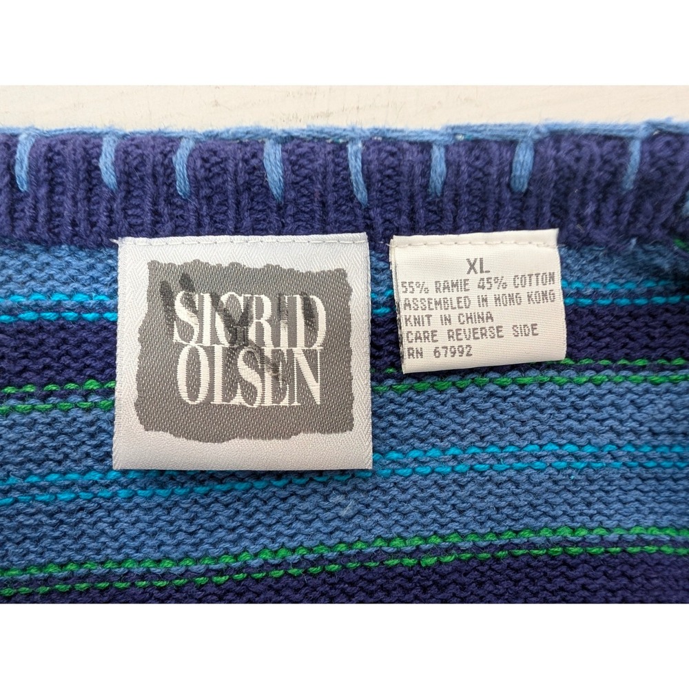 Sigrid Olsen Striped Embroidered Vest Women's XL Cotton Ramie Blue Grannycore - Picture 3 of 8